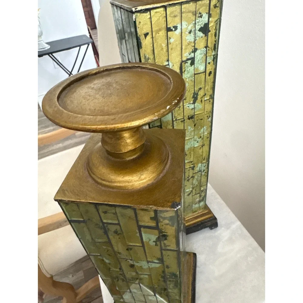 Vintage Pierre One Set of 2 Gold Verdigris Mirrored Mosaic Pillar Candle Holder
